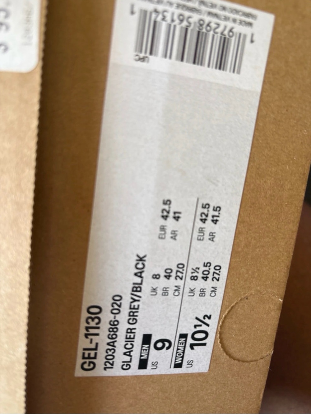 Asics Glacier Grey/Black GEL-L1130 Shoe Box Label